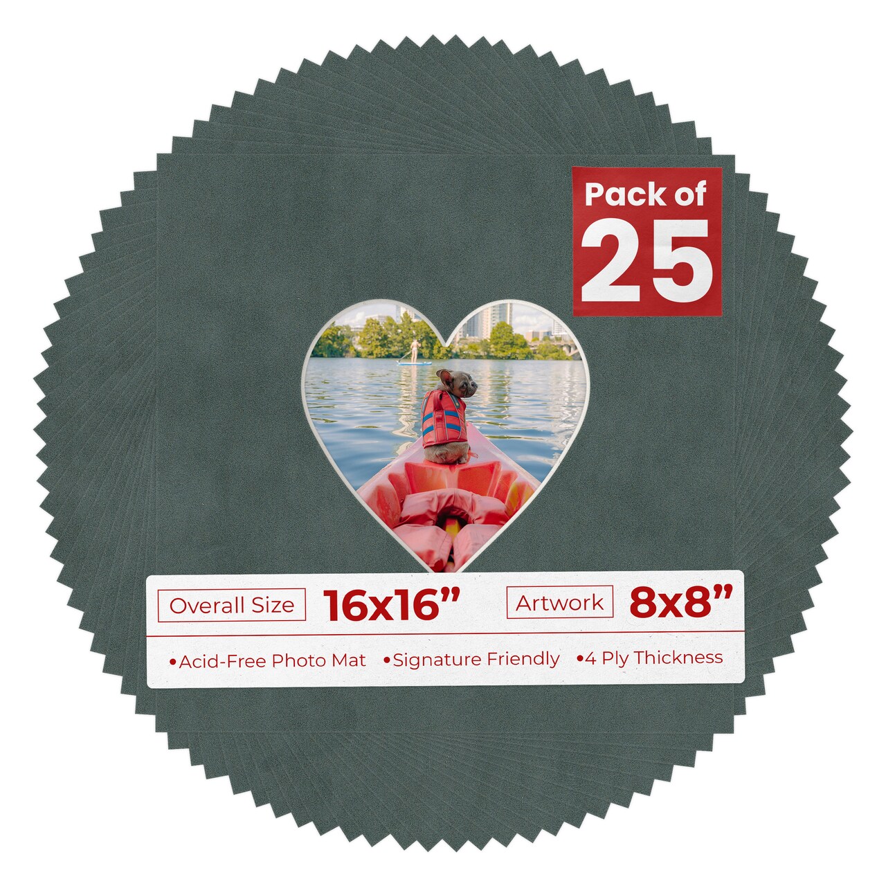 Dark Grey Suede Mat Board for 16x16 Frames - Heart Opening for 8x8 Photos